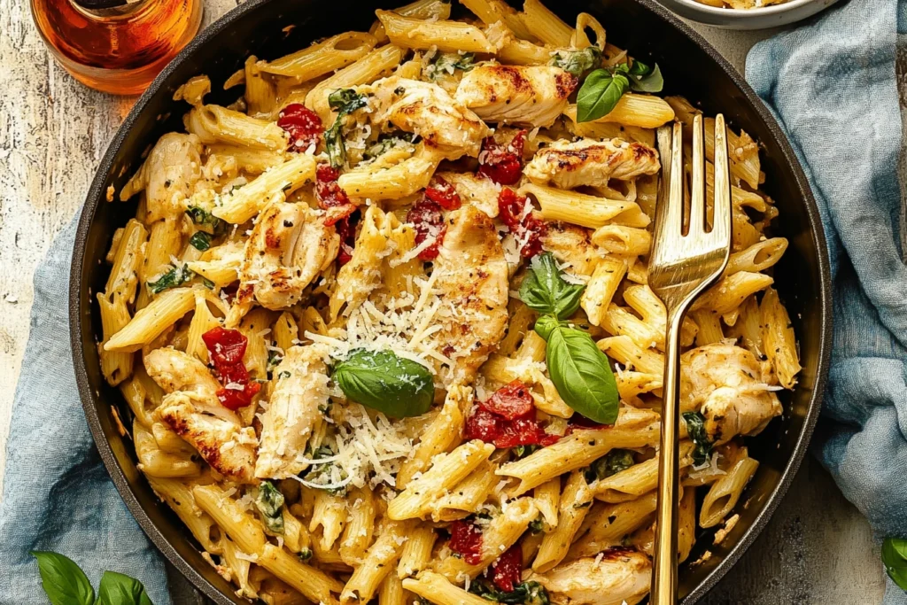 Cooked pasta tossed in a creamy sauce with chicken and sun-dried tomatoes.