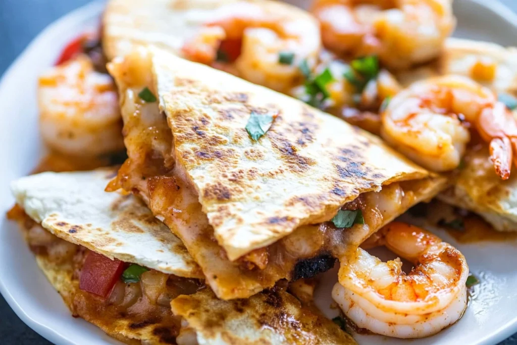 Shrimp quesadilla recipe served with salsa and sour cream.