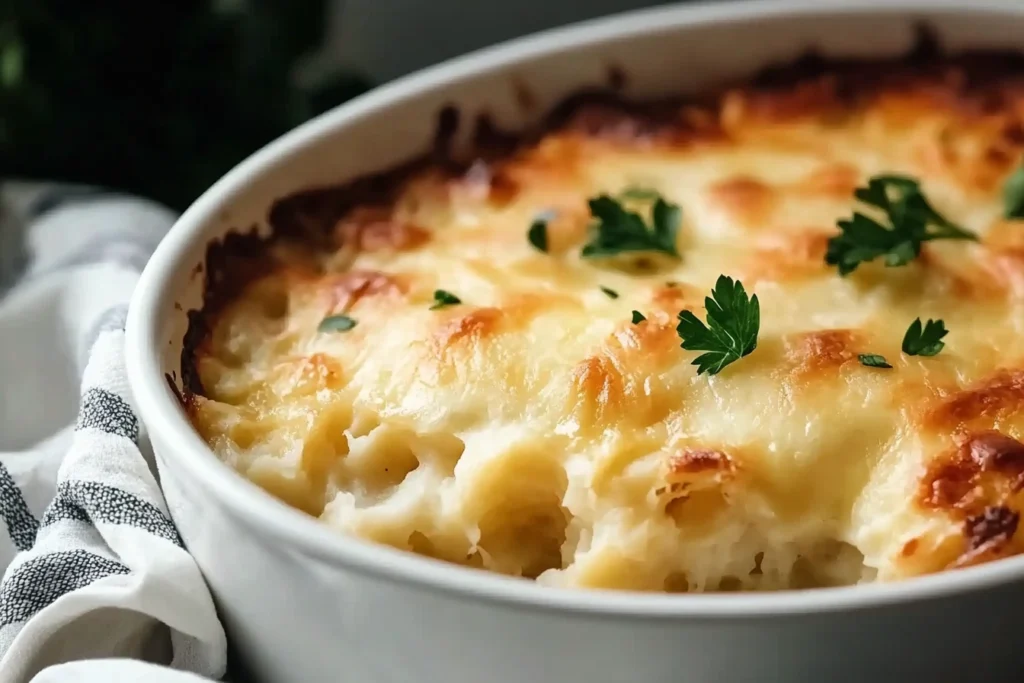  A serving of cheesy scalloped potatoes garnished with fresh chives on a plate.