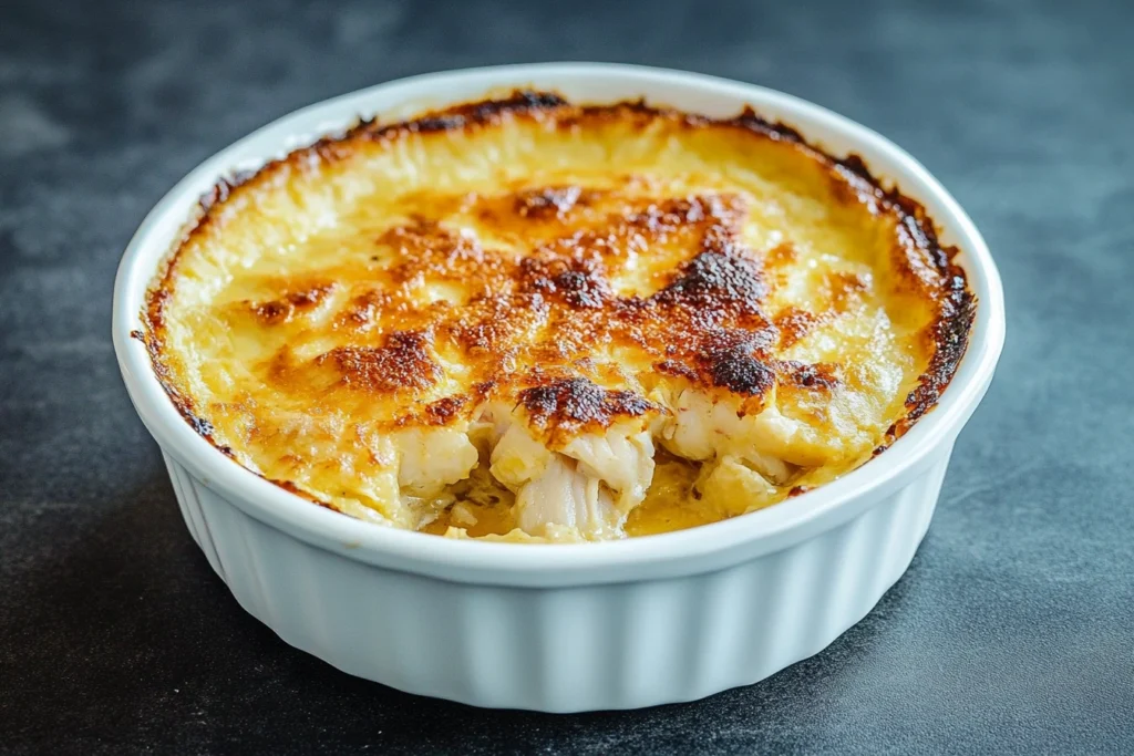 A serving of crab brulee with caramelized topping, paired with toasted baguette slices and a glass of white wine on a dining table.