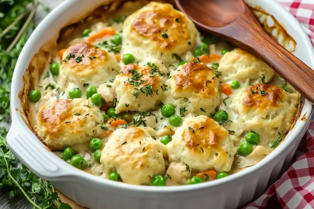  Ingredients for Chicken Pot Pie Casserole, including chicken, vegetables, and biscuit dough.