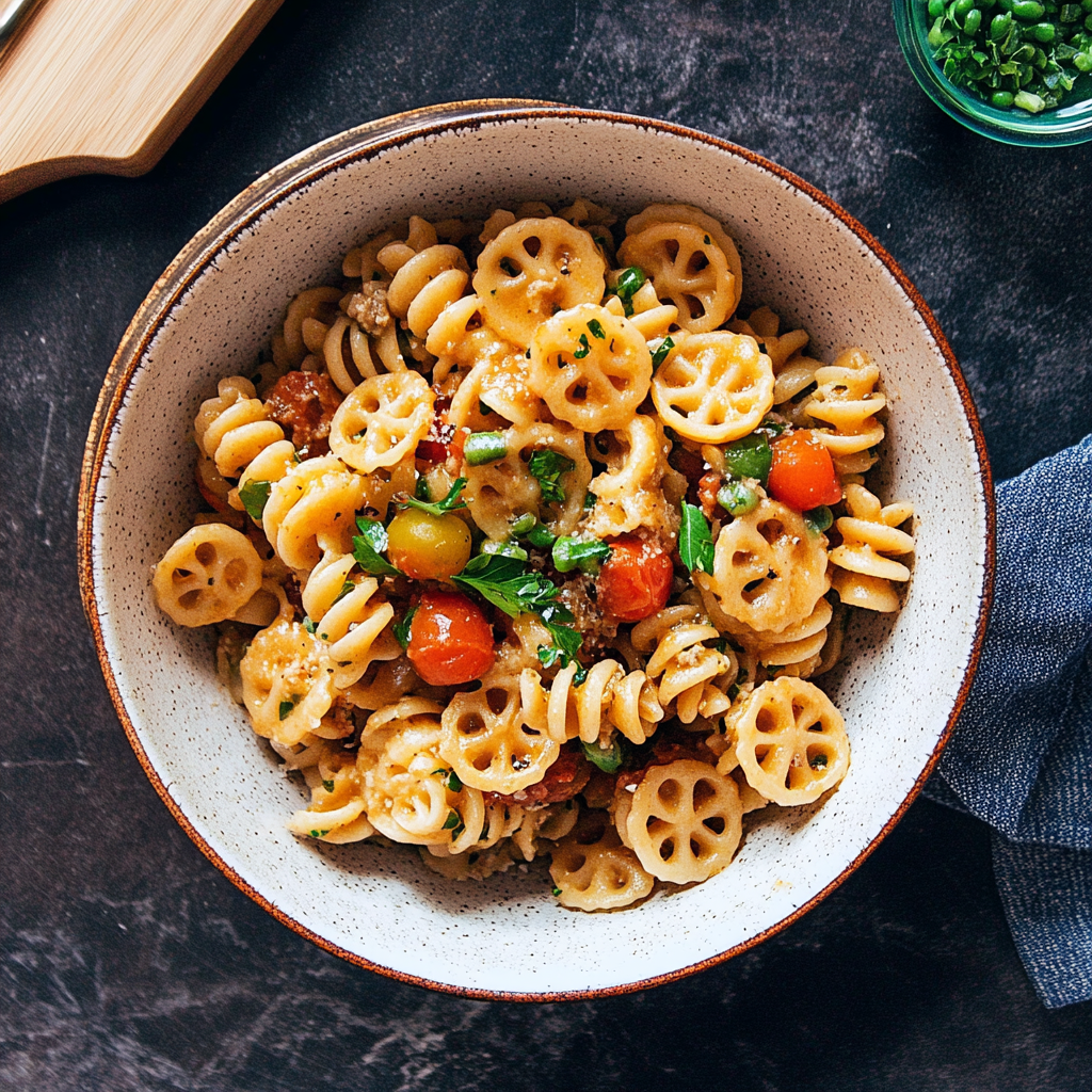 Wagon wheel pasta in a delicious pasta dish with tomato sauce and vegetables, highlighting its unique shape and texture.