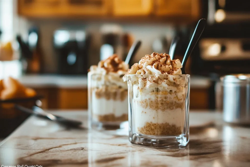 Close-up of creamy cinnamon roll overnight oats topped with sliced apples, cinnamon sticks, and a drizzle of maple syrup, perfect for a healthy breakfast.