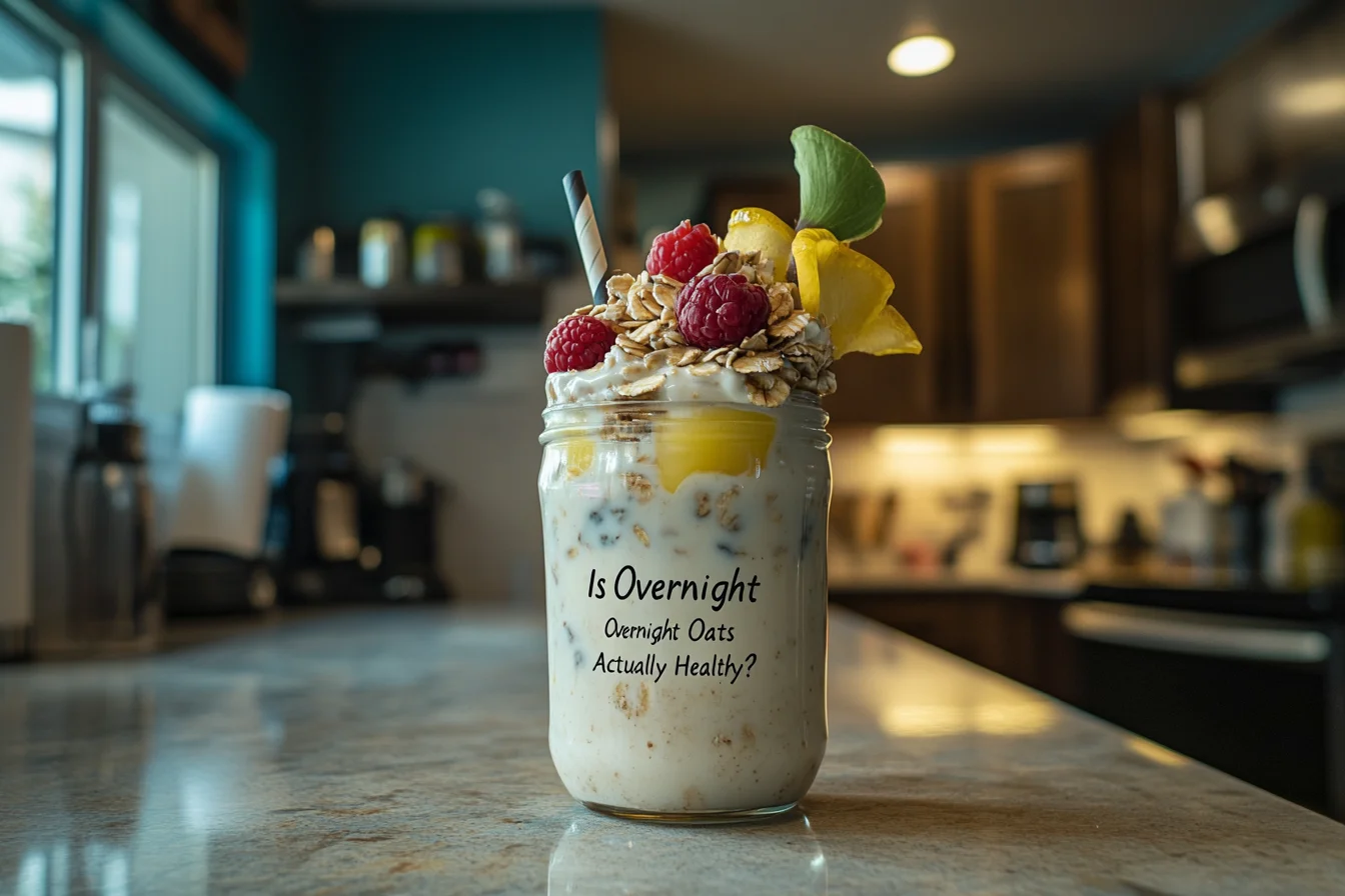 Overnight oats topped with fresh strawberries, blueberries, chia seeds, and almonds, showing a healthy breakfast option.