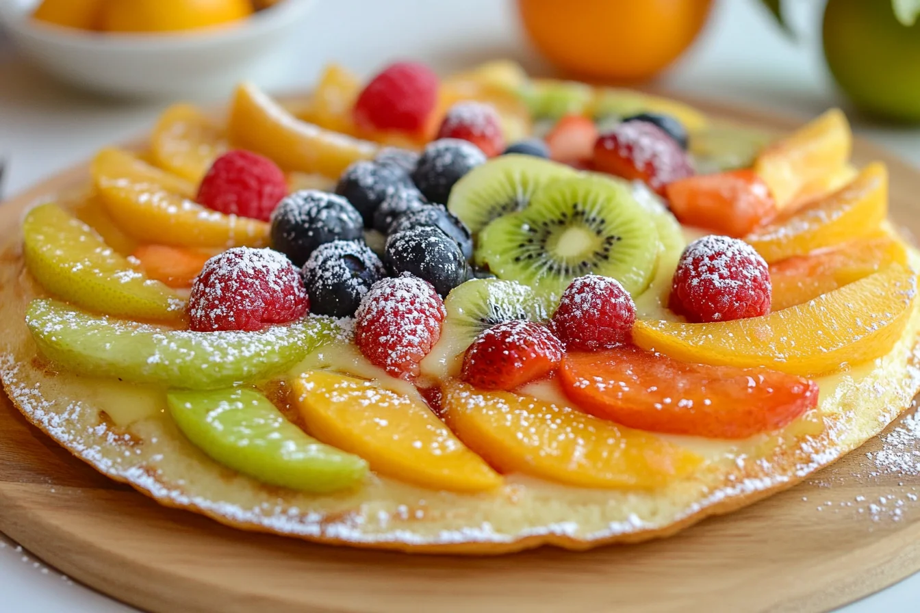 Delicious fruit-infused pancakes with blueberries, bananas, and strawberries, made using pancake mix.