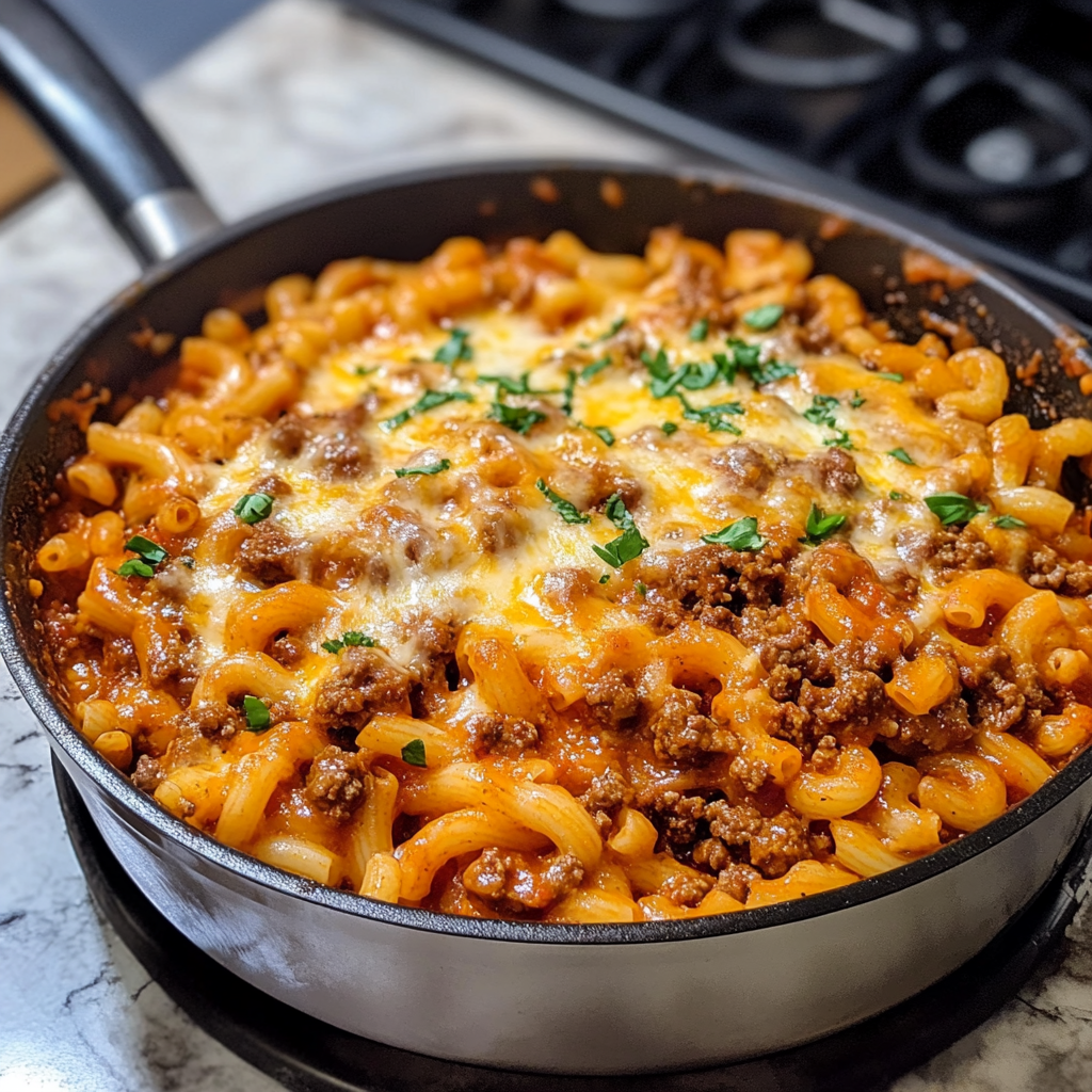 Classic Beefaroni served in a bowl with elbow macaroni and tomato sauce