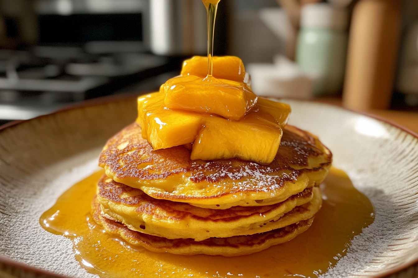 Fluffy mango pancakes served with fresh fruit and syrupFluffy mango pancakes served with fresh fruit and syrup