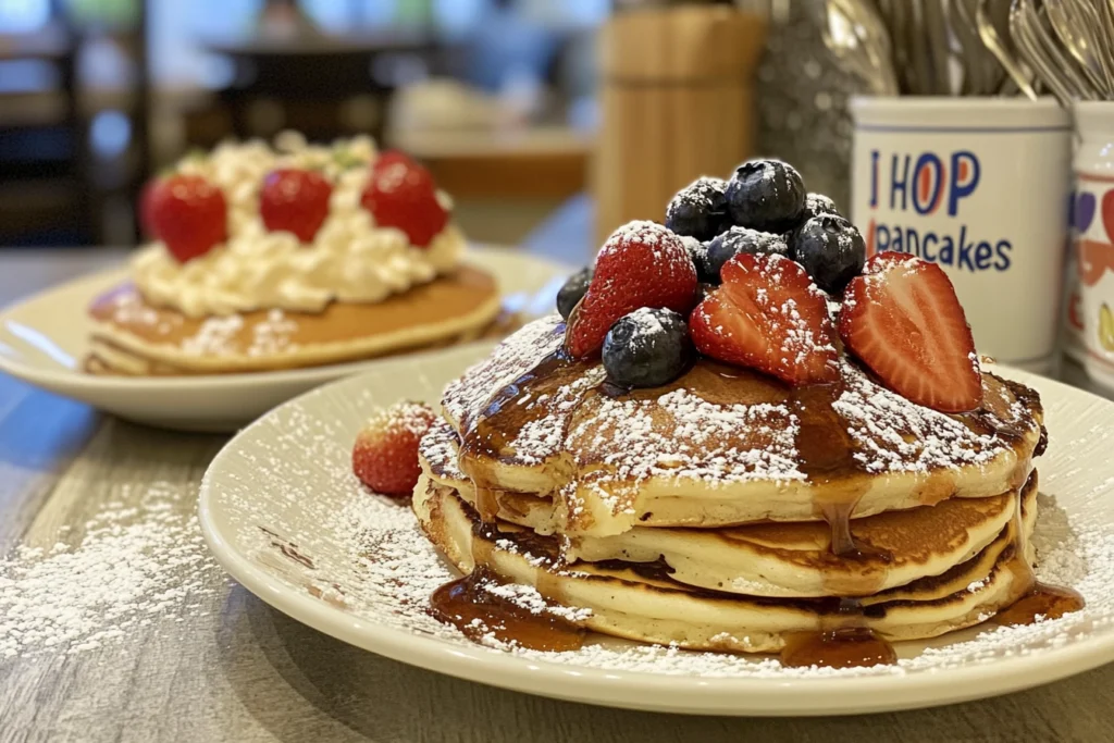 Fluffy IHOP pancakes stacked with syrup and butter