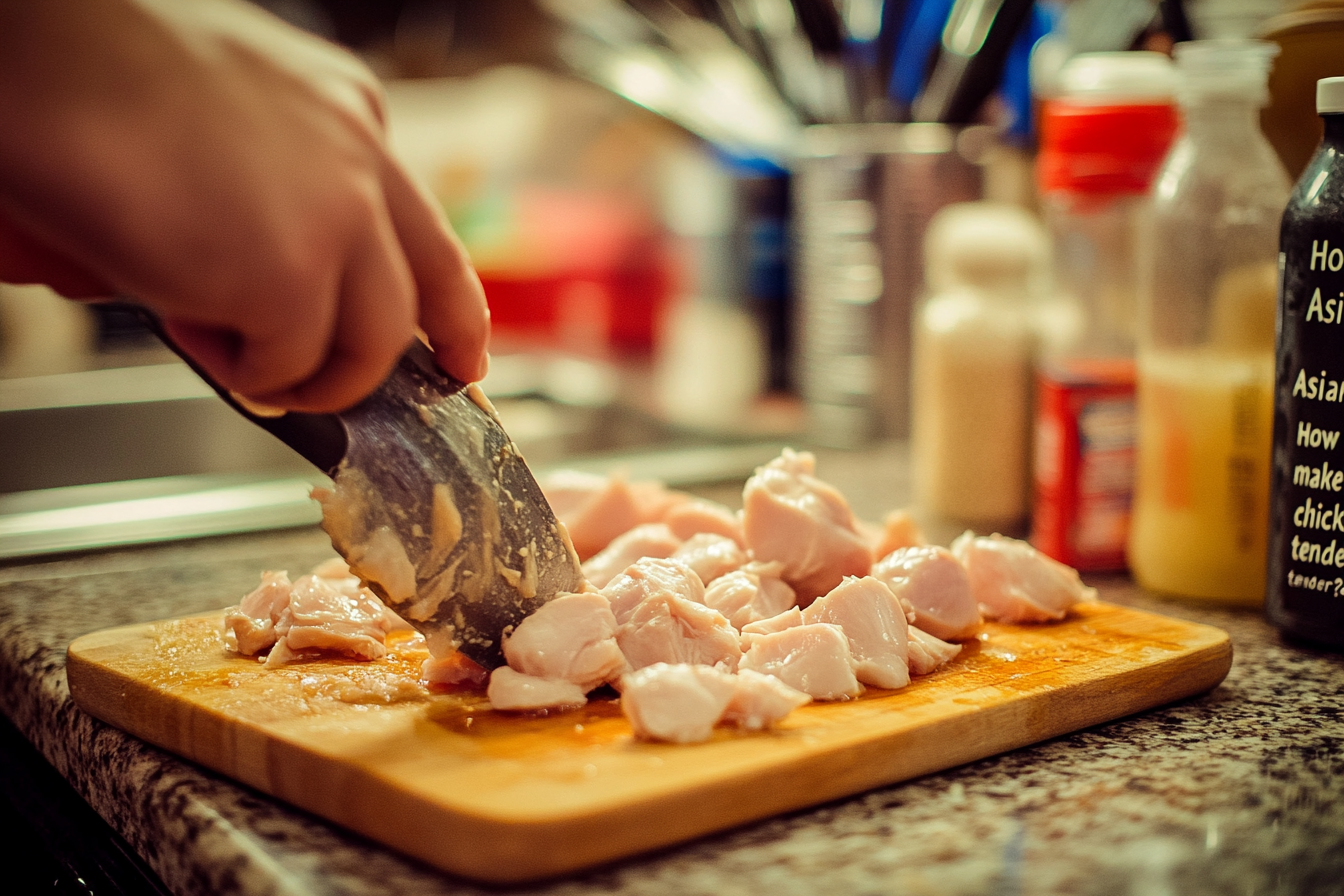 How do Asians make their chicken so tender? A close-up shot of marinated chicken in a bowl with ginger, soy sauce, and other Asian tenderizing ingredients, ready for cooking.