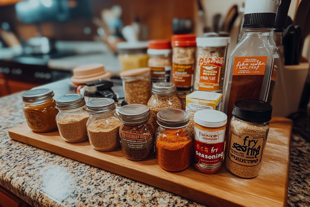 Fry seasoning ingredients and spices on a wooden table, including salt, pepper, paprika, garlic powder, and thyme.