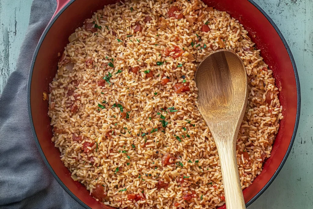 Cooking red rice in a pot on the stovetop.