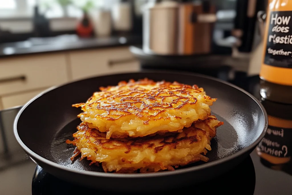 Pan-frying rösti to achieve a crispy, golden-brown texture that sticks together.