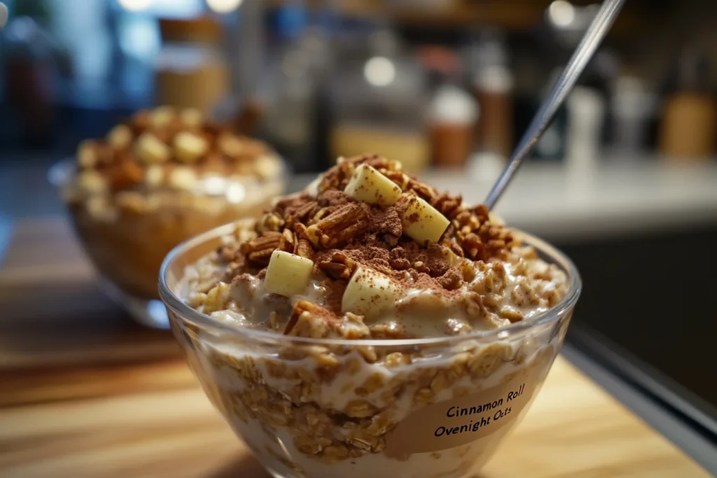 Delicious cinnamon roll overnight oats topped with fresh fruit and cinnamon, a healthy and easy breakfast option