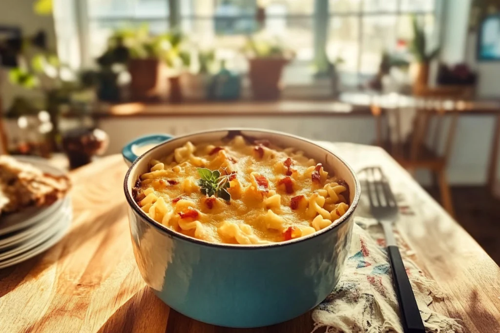 Skillet of Cajun Mac and Cheese with shrimp and sausage, garnished with green onions, hot and ready to serve