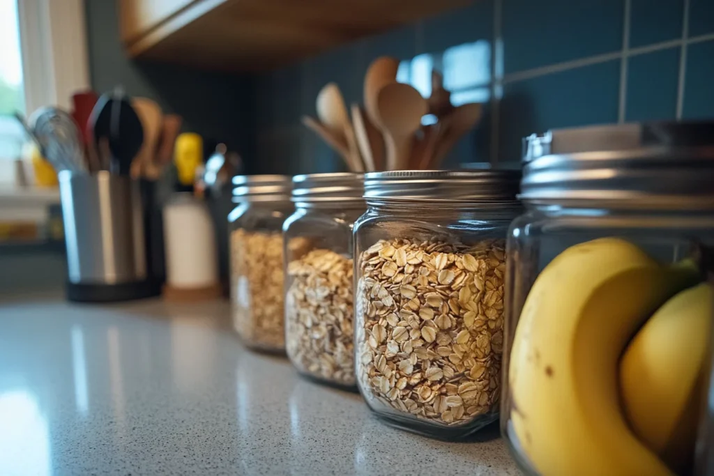 Preparing overnight oats in a mason jar with oats, almond milk, and chia seeds, showing how easy it is to make.