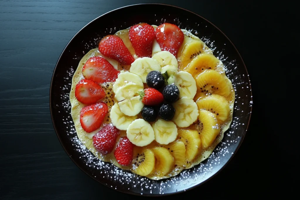 Close-up of fluffy pancakes topped with sliced bananas and drizzled with syrup, made with pancake mix.