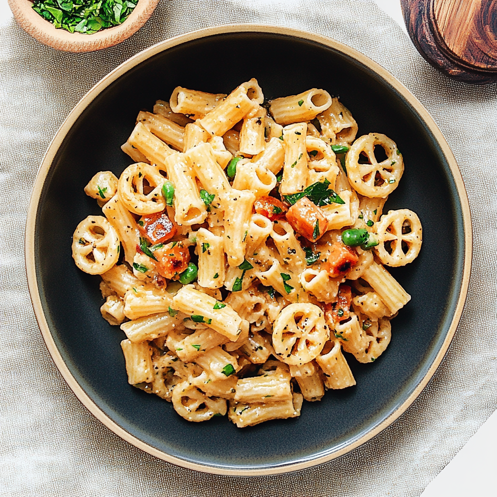 Close-up of gluten-free wagon wheel pasta, served in a healthy vegetable pasta salad.