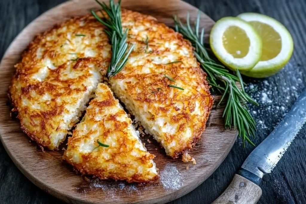 Traditional Swiss rösti being prepared in a pan, showcasing the crispy texture and simple ingredients.