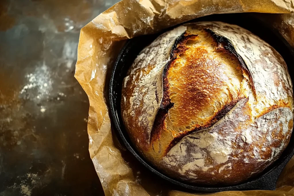 Easy No-Knead Artisan Bread fresh from the oven in a Dutch oven.