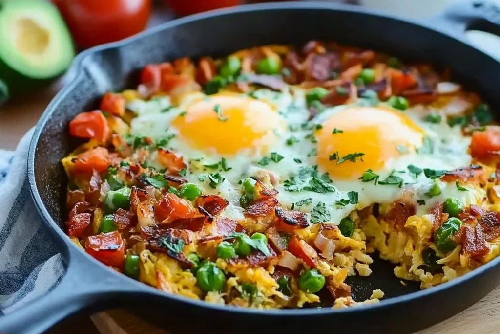 Skillet with golden brown hash browns for Heartfelt Skillet Delight.