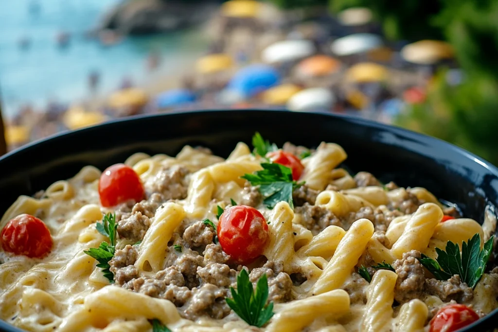 Creamy Philly Cheesesteak Pasta served in a bowl with melted provolone cheese and bell peppers.