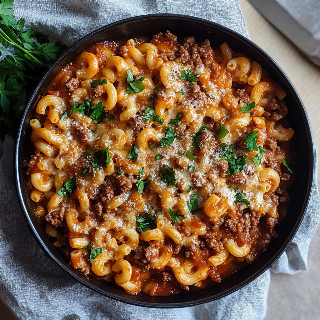 Ingredients for Beefaroni including ground beef, elbow macaroni, tomato sauce, and spices