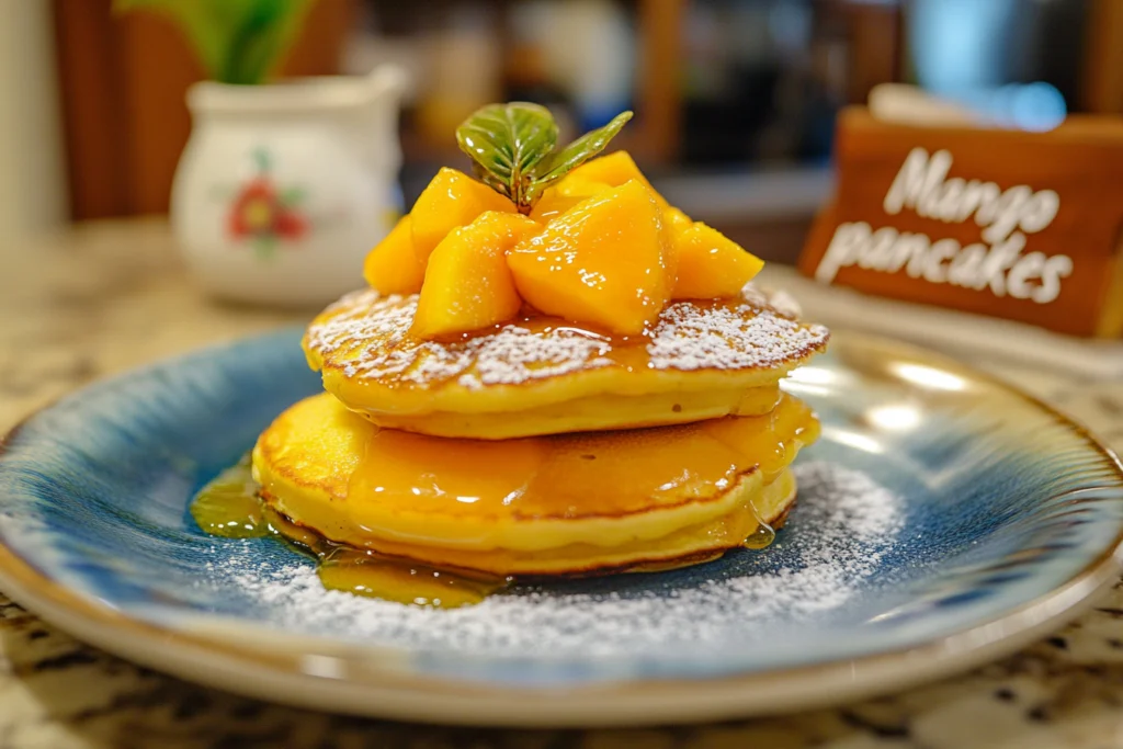 Close-up of mango pancake filling with fresh mango slices