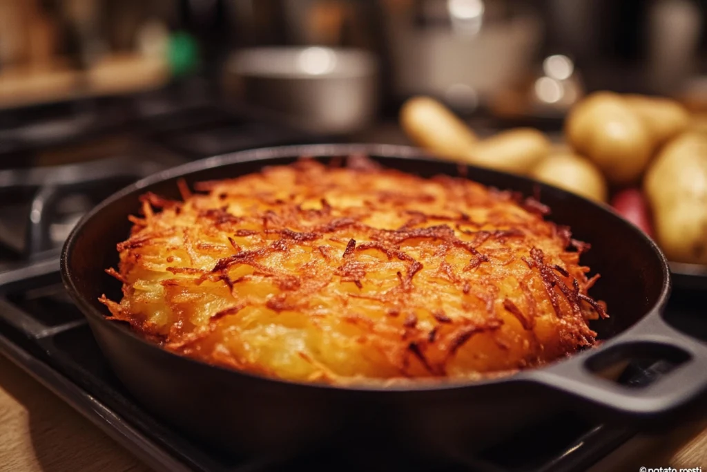 Cooking potato rosti in a frying pan