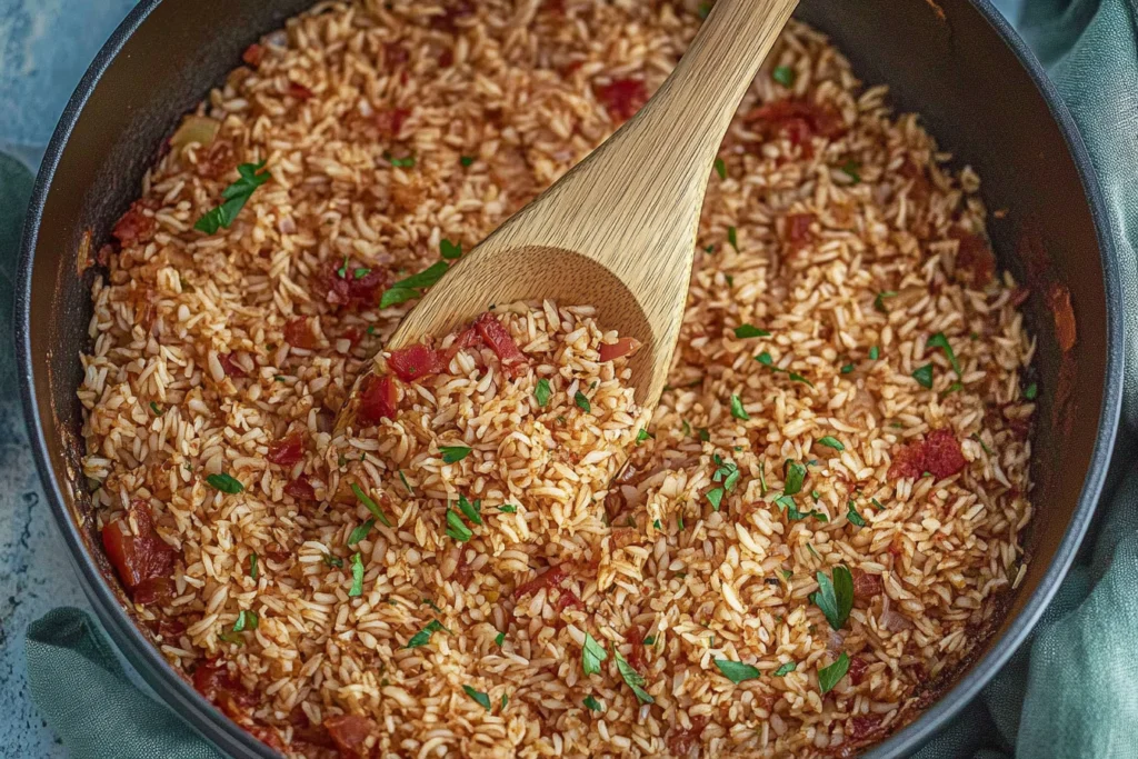 Close-up of red rice grains showing their vibrant color and texture.