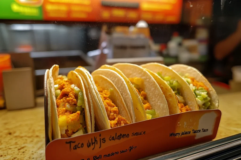 Taco Bell taco with creamy jalapeno sauce drizzled on top, showcasing the perfect blend of flavors.