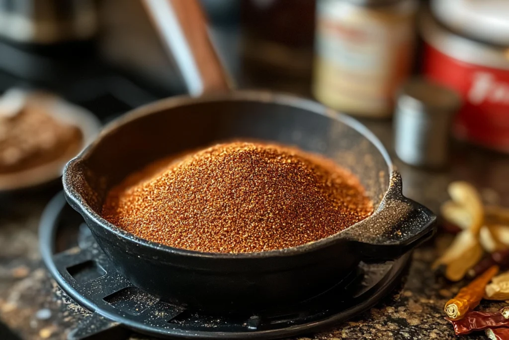 Homemade fry seasoning stored in a small jar, surrounded by fresh spices and herbs.