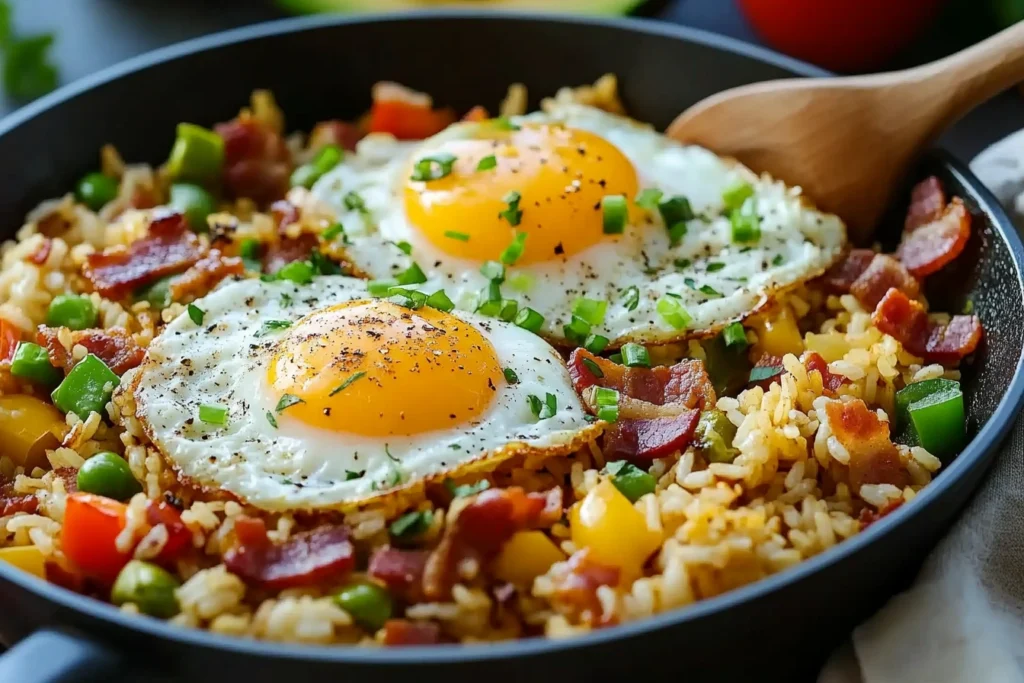 Heartfelt Skillet Delight with eggs and cheese in a skillet.