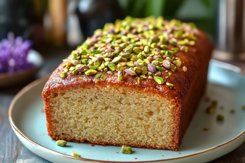 A slice of Pistachio Bread served with coffee.