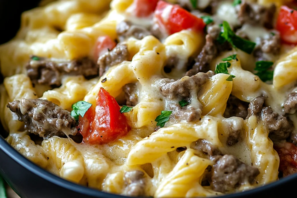 Creamy Philly Cheesesteak Pasta cooking in a large skillet with melted cheese.