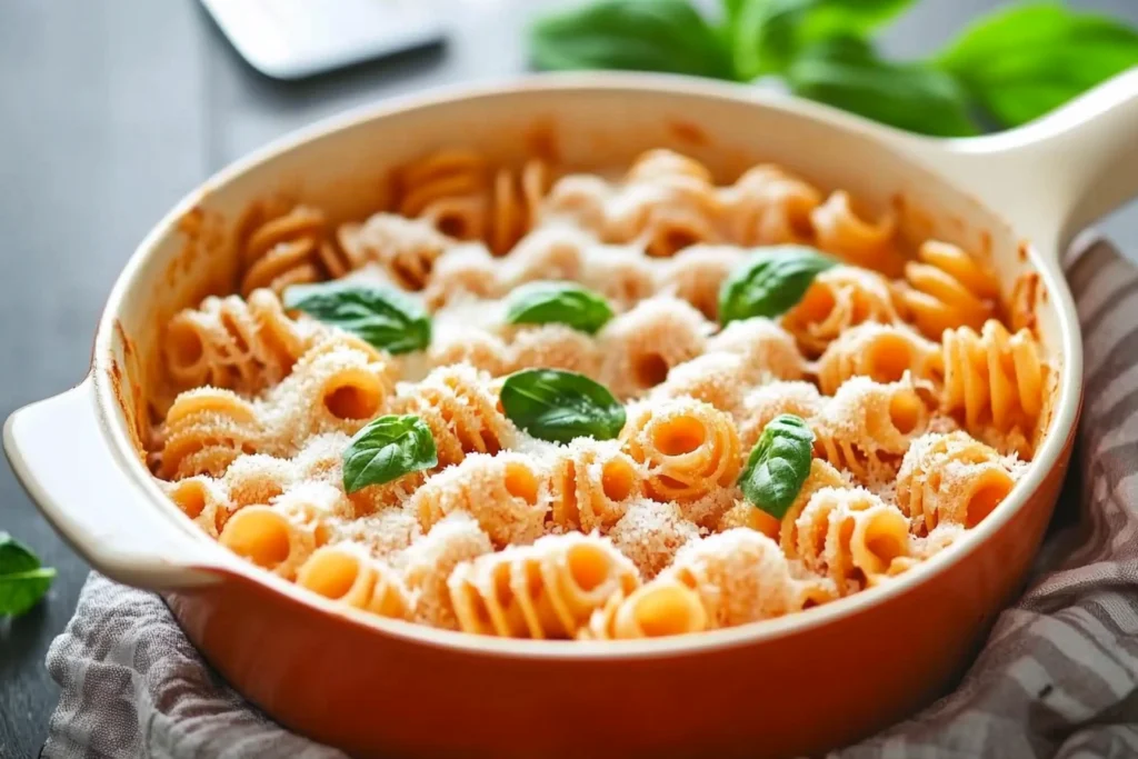 Wheel pasta casserole baked with Alfredo sauce, spinach, and cheese, topped with crispy breadcrumbs.