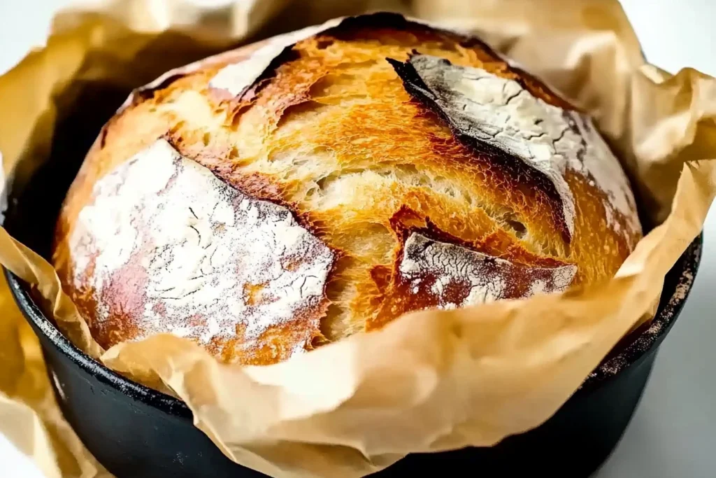 Sliced Easy No-Knead Artisan Bread on a wooden cutting board.