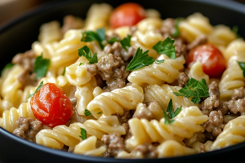 Creamy Philly Cheesesteak Pasta served on a plate with garlic bread on the side.