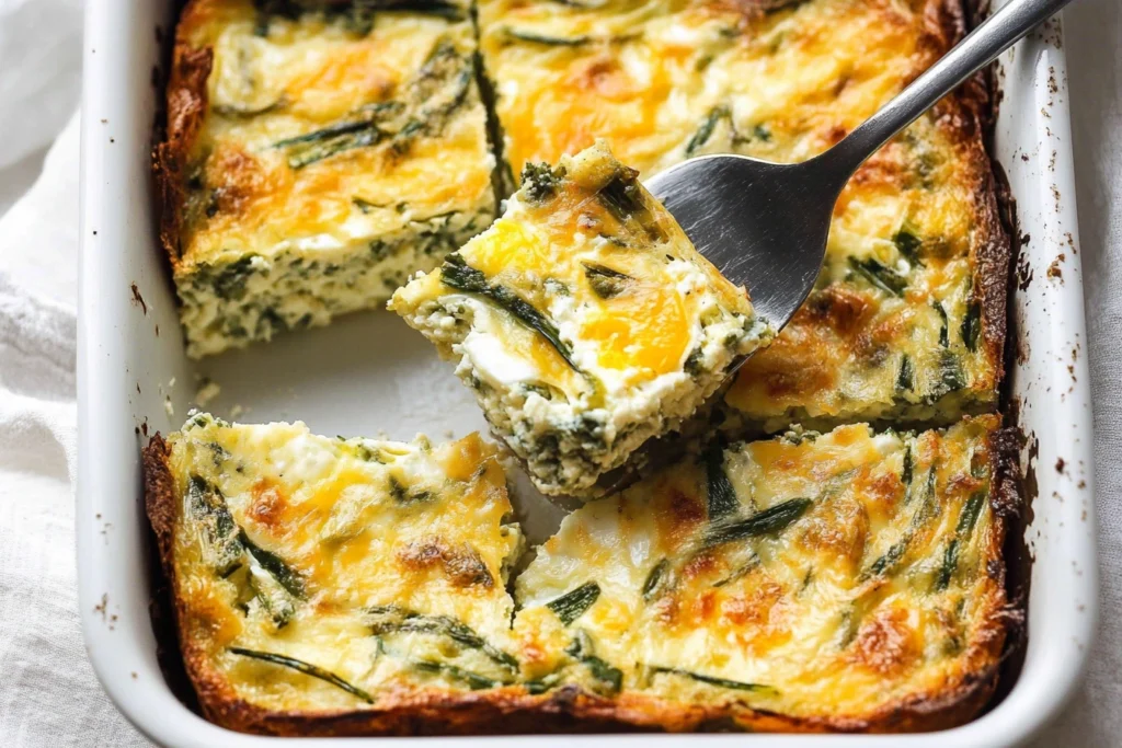 A fork lifting a bite of creamy baked cottage cheese eggs with fresh herbs.